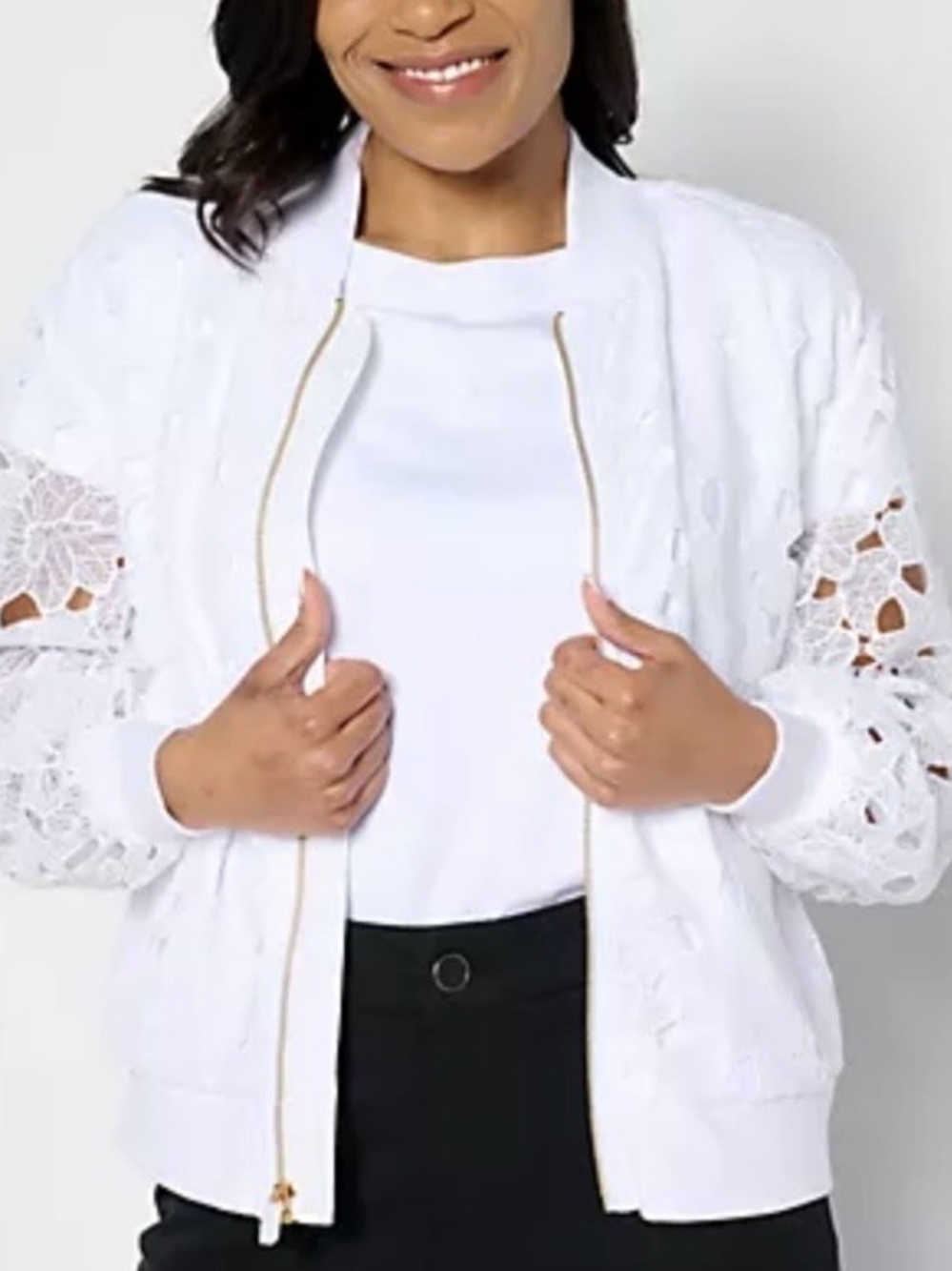 Isaac Mizrahi Live! Zip Front Lace Bomber Jacket With Pockets Bright White